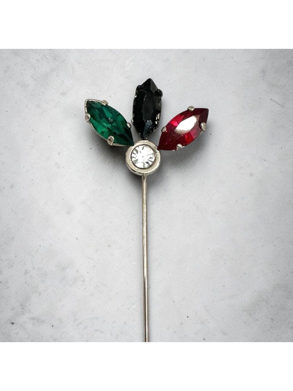 Vintage Enny Monaco Rhinestone Hat Pin With Red Green Black & Clear Crystals 2-